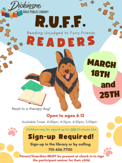 RUFF Readers program for kids ages 6-12 on varying dates